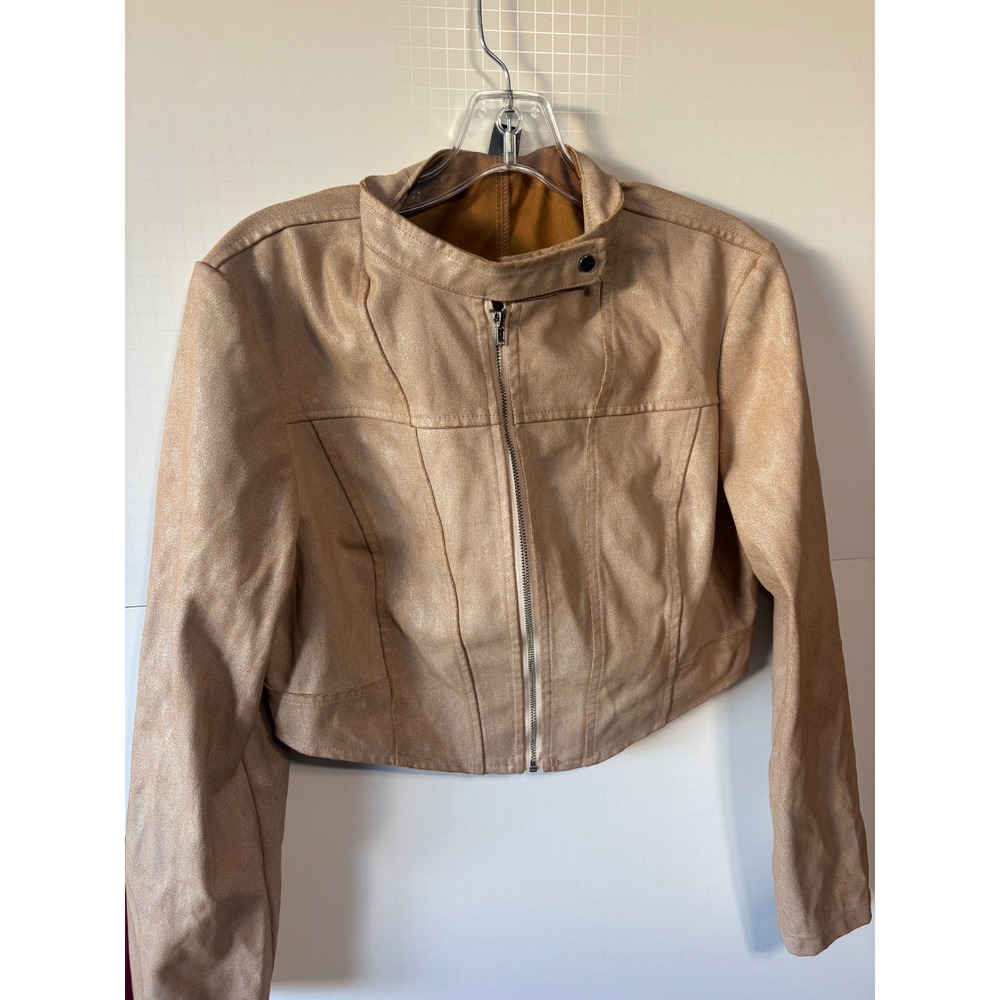 SHEIN Metallic Gold Cropped Moto Jacket Faux Suede Size Large 8/10 Champagne
